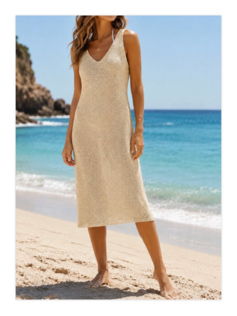 Yunika Made in Italy Gold Metallic Shimmer Knit Cover Up Midi Dress Size S/M